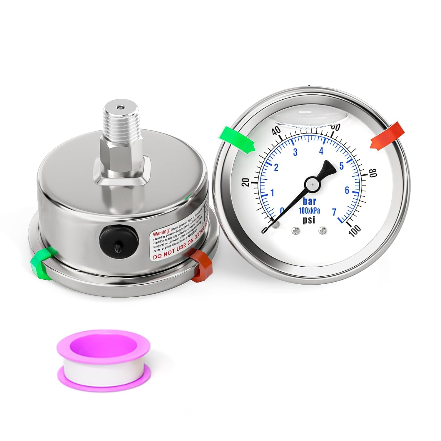0-100PSI Stainless Steel Liquid Filled Pressure Gauge, 2.5