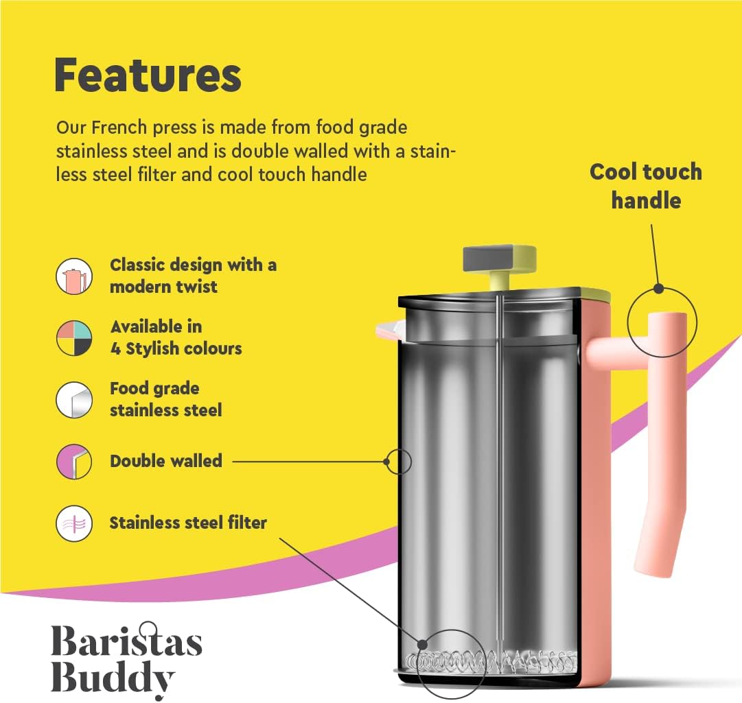 Cute Pink French Press Coffee Maker - Colorful, Retro And Stylish Insulated Coffee Brewer - Large Size Brews 4 Cups - Blissbrew