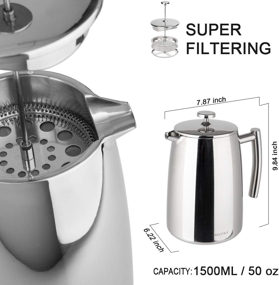 Secura French Press Coffee Maker, 50-Ounce, 304 Stainless Steel Insulated Coffee Press with Extra Screen - Blissbrew