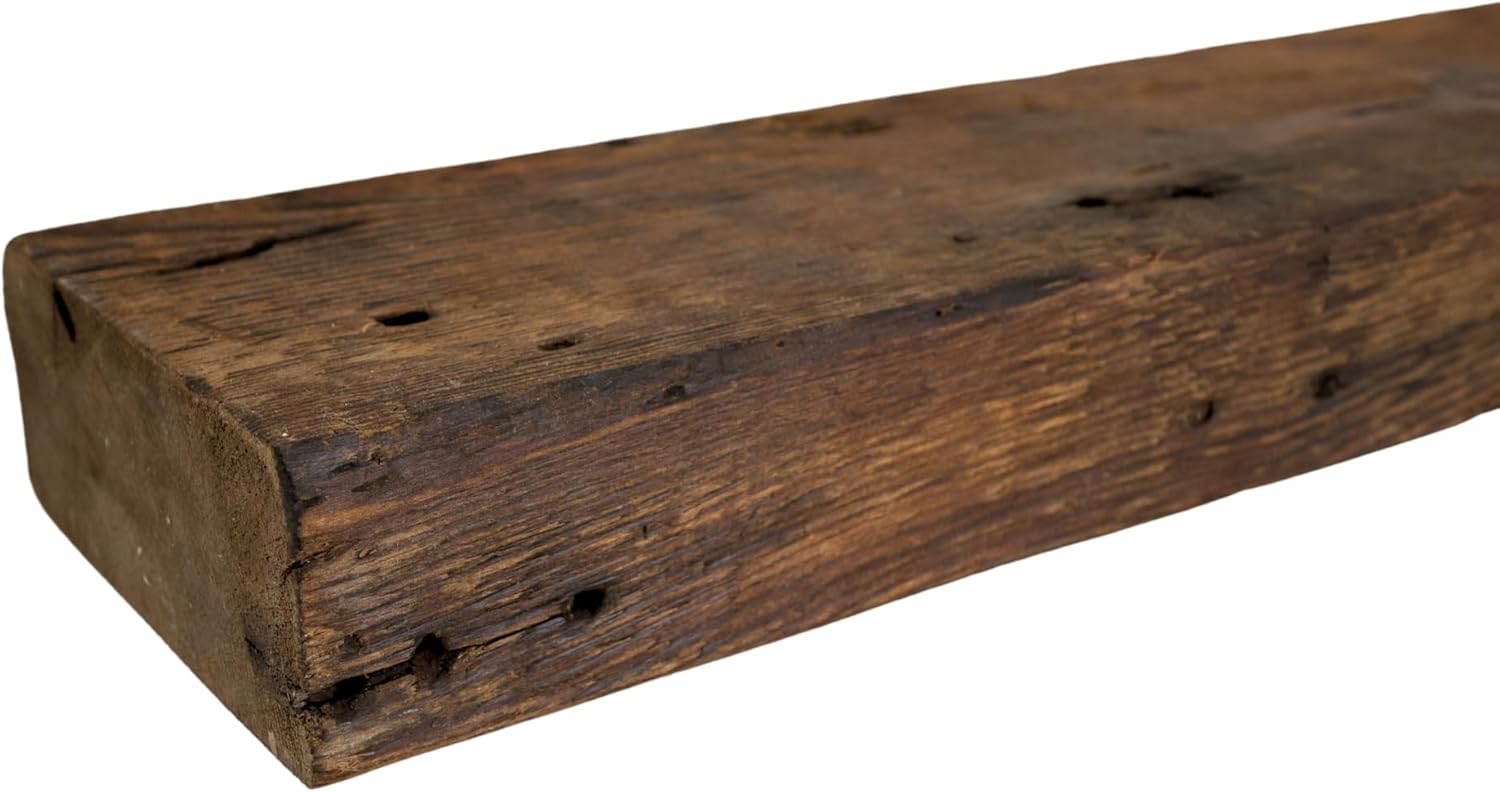Modern Timber Craft Reclaimed Wood Fireplace Mantel Shelf | Solid Rustic American Barnwood with Floating Shelf Brackets | 2.75" Thickness | 84" L x 7" D, Rustic Original - Oiled