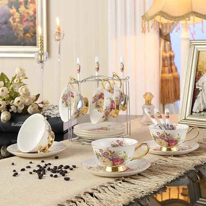 Coffee Mugs Pastoral Floral Bone Tea Cup Saucer Spoon Set 200ml Cafe Ceramic Coffee Cup Elegant Advanced Porcelain Teacup Dropshipping Mug Set (Color : 4Cups n Holder)