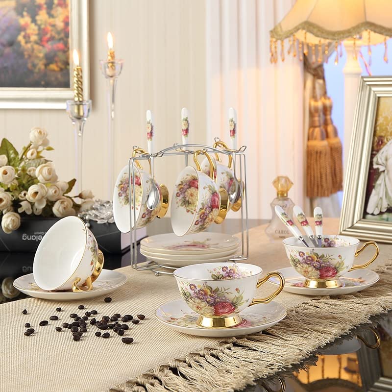 Coffee Mugs Pastoral Floral Bone Tea Cup Saucer Spoon Set 200ml Cafe Ceramic Coffee Cup Elegant Advanced Porcelain Teacup Dropshipping Mug Set