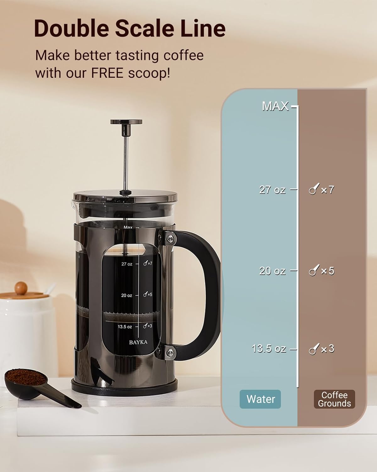 BAYKA French Press Coffee Maker 34 Ounce 1 Liter, Borosilicate Glass Stainless Steel Brewer, Large Portable Cold Brew Cafetera Teapot for Kitchen Travel Camping Coffee Bar Accessories, Dark Pewter - Blissbrew