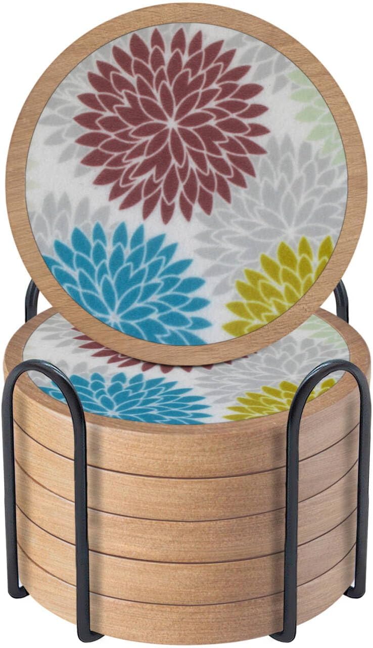 Wood Coasters Set of 6 with Holder, Cewiru Cup Mat for Drinks, Absorbent Coasters with Felt Insert for Coffee Table Protection, Modern Style Home Dining Table Decor, 4.3