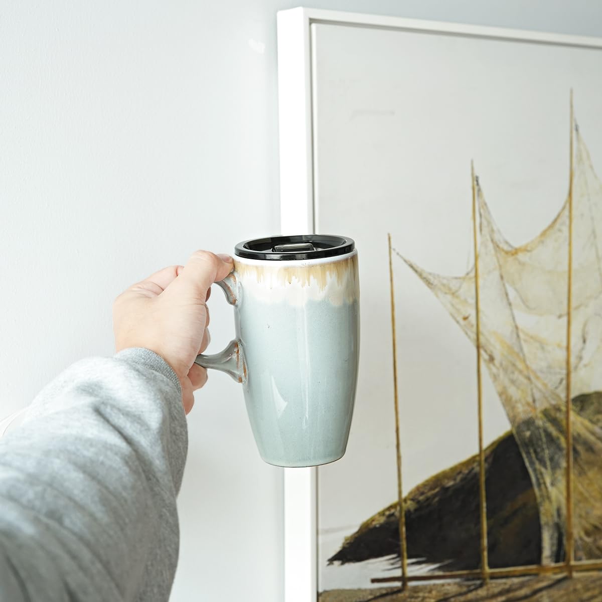 Ceramic mug sized for a car cup holder