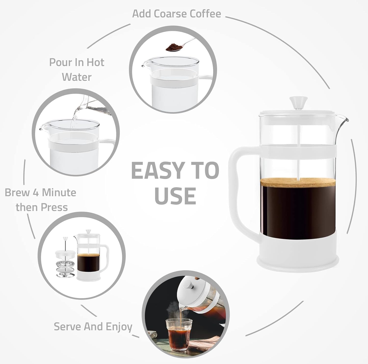 Utopia Kitchen French Press Espresso and Tea Maker with Triple Filters, Stainless Steel Plunger and Heat Resistant Borosilicate Glass (White, 34-oz (Pack of 1)) - Blissbrew