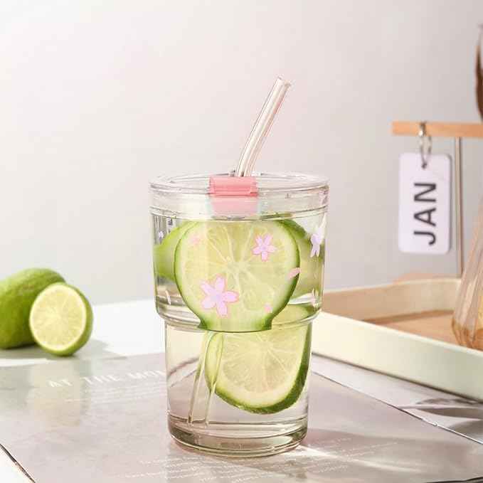 Iced Coffee Cup, 15Oz/450ml Glass Cups With Lids And Straws, Iced Coffee Glasses Tumbler, Thick Wall Mug For Tea Water With Glass Straw, Coffee Cute Tumbler Gifts (Pink)
