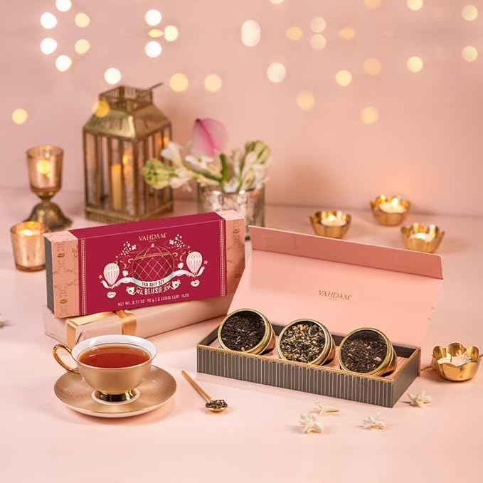 VAHDAM, BLUSH - Assorted Tea Gift Set, 3 Premium Teas in Tin Caddy Presentation Box | Loose Leaf Teas | Gift for everyone