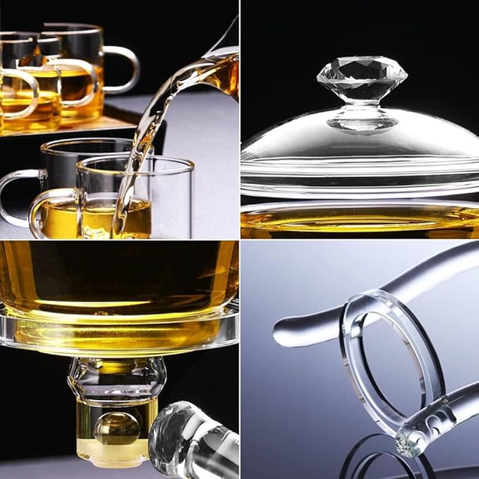 MOZEO Lazy Kungfu Teapot Glass Semi-automatic Tea Maker Suction Automatic Water Brewing Teapot Office Flower Glass Tea Set with 6pcs Cups