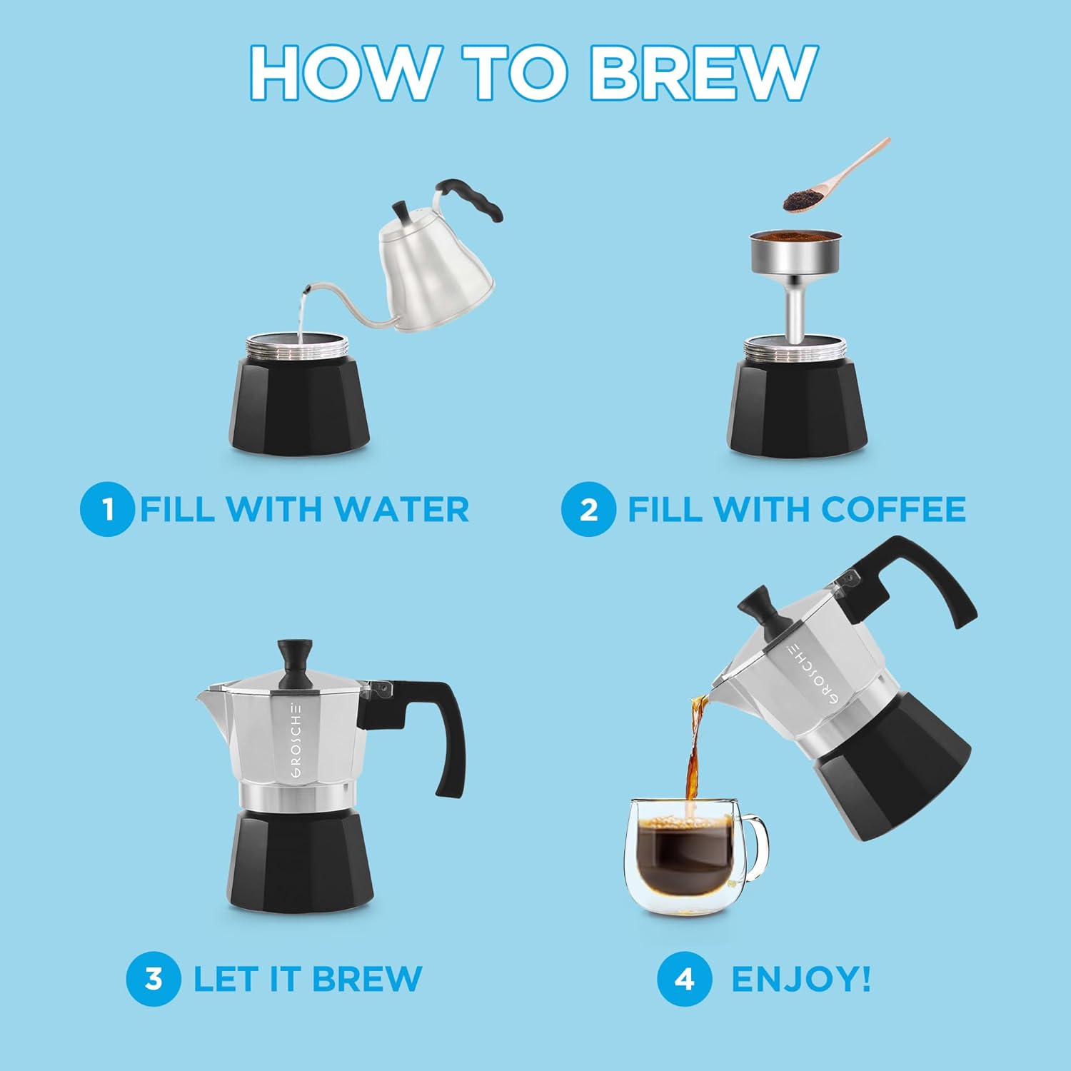 GROSCHE Milano Moka Pot Stovetop Espresso Maker - Italian Espresso Greca Coffee Brewer Percolator | 3 Cup, Tuxedo