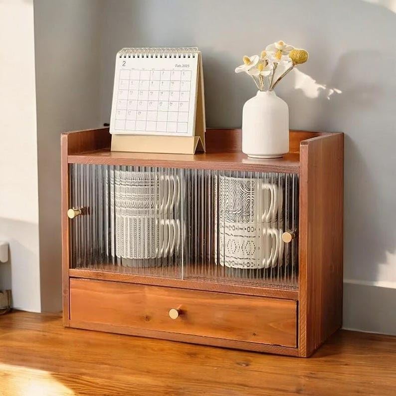 Solid Wood Tea Set Storage Box Desktop Cabinet with Sliding Glass Door Drawer