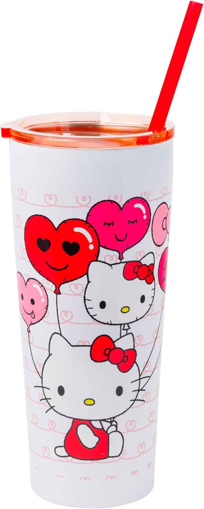 Silver Buffalo Hello Kitty Heart Balloons Double Walled Stainless Steel Tumbler with Straw, 22 Ounces (Pack of 12)