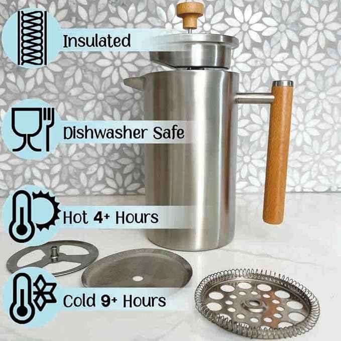Stellar Living 34 OZ Stainless Steel French Press Coffee Maker with Double Vacuum Insulation, Maximum Flavor Coffee Brewer, Tea and Coffee Press, Camp Coffee Maker - Matte Silver with Wooden Handle