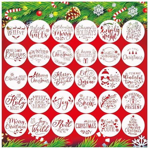 30 Pcs Christmas Stencils for Painting on Wood 4 Inch Reusable Small Christmas Ornament Stencil for DIY Crafts Ornament Wood Card Paper Fabric (30 Count)