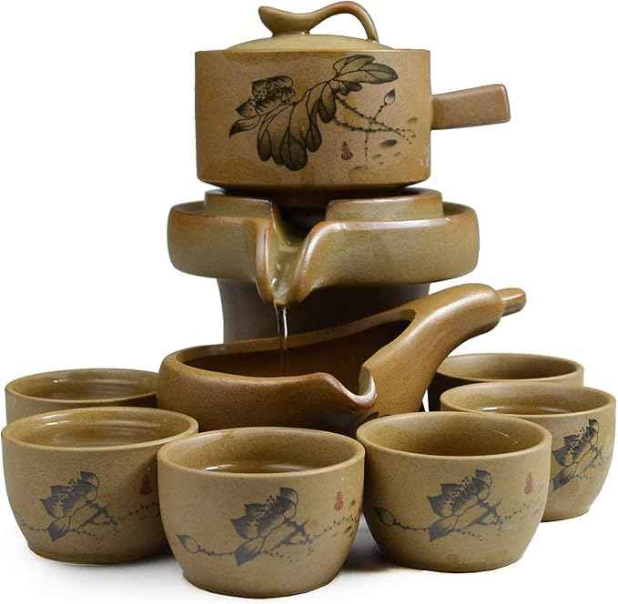 Chinese Gongfu Tea Gift Set, Service Automatic Stone-Mill Design Handmade Ceramics Tea Pot 6 Cups Japanese Kung Fu Tea for Adults Men Women Tea Ceremony Party Home Office Decor (lotus)