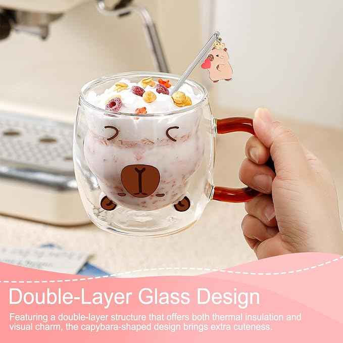 Birthday Gifts for Women Men Cute Capybara Mug Double Walled Coffee Glasses Cups Tea Cappuccino Latte Cup Funny Christmas Gifts Cute Capybara Stuff Gift for Mom Friend Coworker Her Him Home Decor