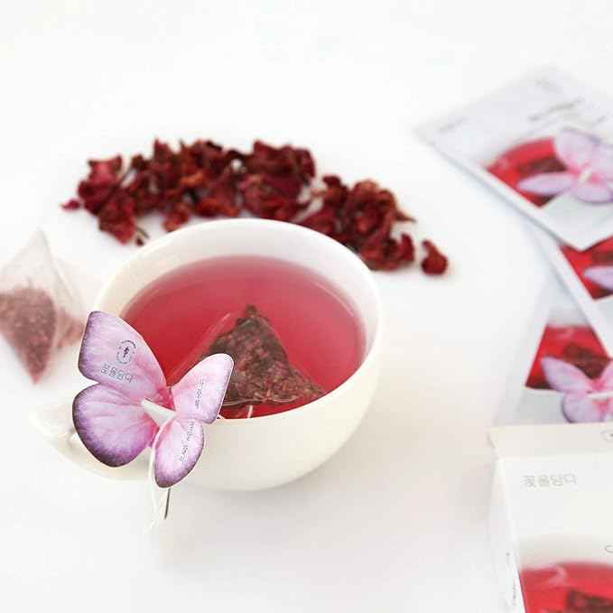 KKOKDAM Korean Tea Gift Set Sampler – 3 Flavor Pink Butterfly Tea Bag Sampler – Elegant Box for Tea Lovers - Perfect as Korean Gifts for Women