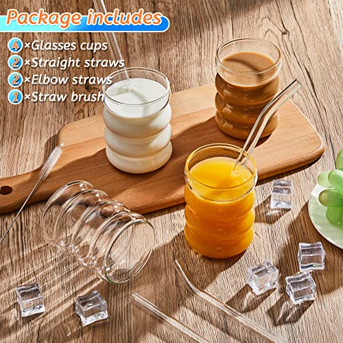 4 Pcs Creative Glass Cups Vintage Drinking Glasses Ribbed Glassware Aesthetic Cup Entertainment Dinnerware Glassware with Straws Set for Kitchen Coffee Beverage