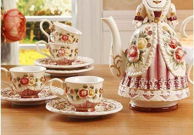Chinese Hand-Painted Tea Set with Embossed Roses, Ceramic Teapot, Tea Cups & Saucers, Victorian Style Afternoon Tea Set, Luxury Gift for Tea Lovers