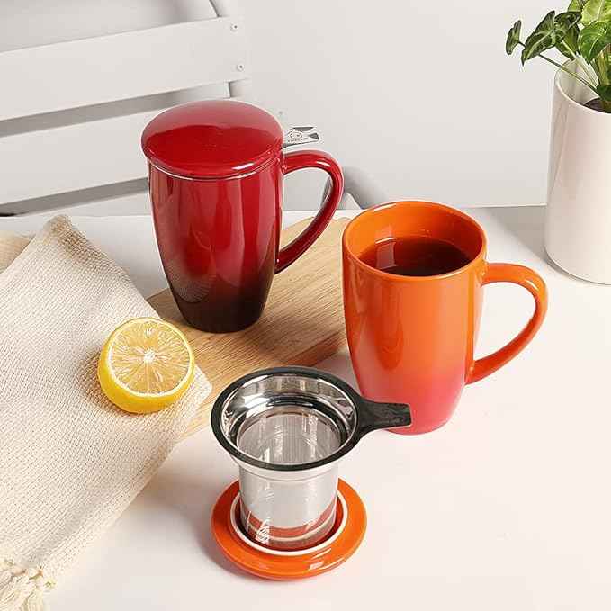 Sweejar Porcelain Tea Mug with Infuser and Lid,Teaware with Filter, Loose Leaf Tea Cup Steeper Maker, 16 Fl Oz for Tea/Coffee/Milk/Women/Office/Home/Gift (Gradient Orange)