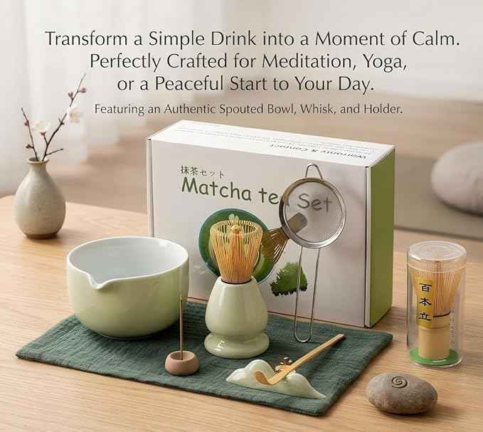 Matcha Whisk Set, 10 Pcs Matcha Set with Ceramic Bowl with Spout, Bamboo Whisk and Holder, Scoop, Sifter, Complete Matcha Kit for Traditional Japanese Tea Ceremony, Gift for Tea Lovers (Green)