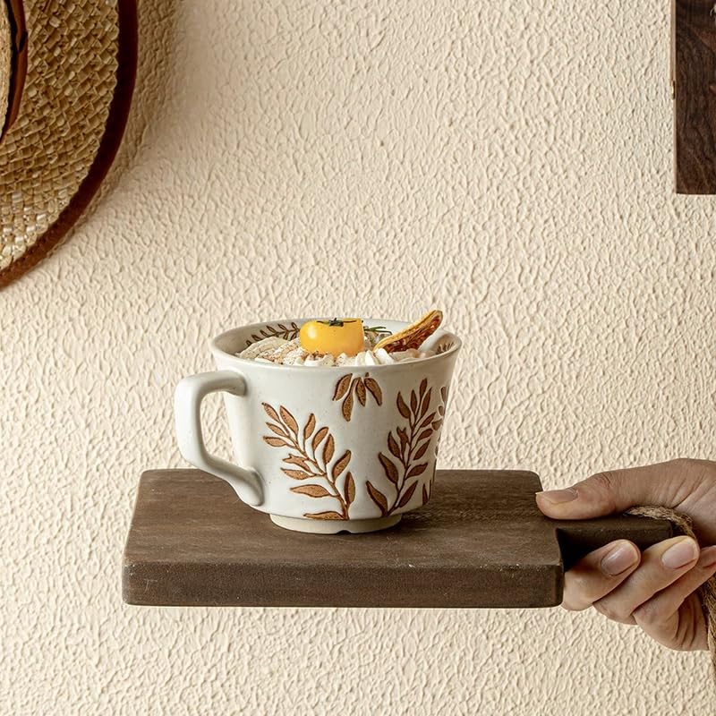 4 Pack 12oz Embossed Leaf Ceramic Coffee Mugs