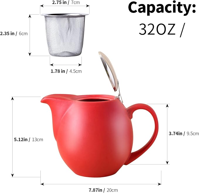 Yundu 32 ounce Red Porcelain Tea Pot - Stainless Steel Lid and Fine Infuser To Brew Loose Leaf Tea, Enough For 4 Cups