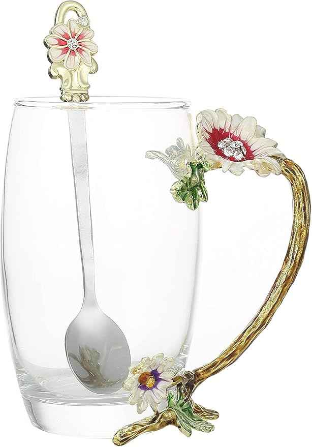 Tea Cup Gifts for Mom Women Mothers Day Glass Coffee Enamels Mug Birthday Butterfly Rose Gifts for Her Valentines Day Christmas Tea Cup with Spoon