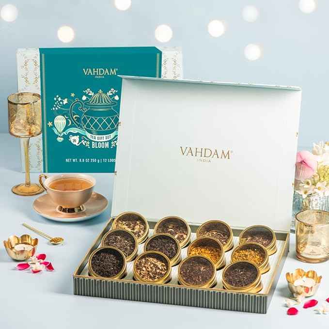 VAHDAM, Bloom - Assorted Tea Gift Set (12 Loose Leaf Tea) Tin Caddy Presentation Box | Gluten Free, Non GMO | Tea Gift Set for Women & Men