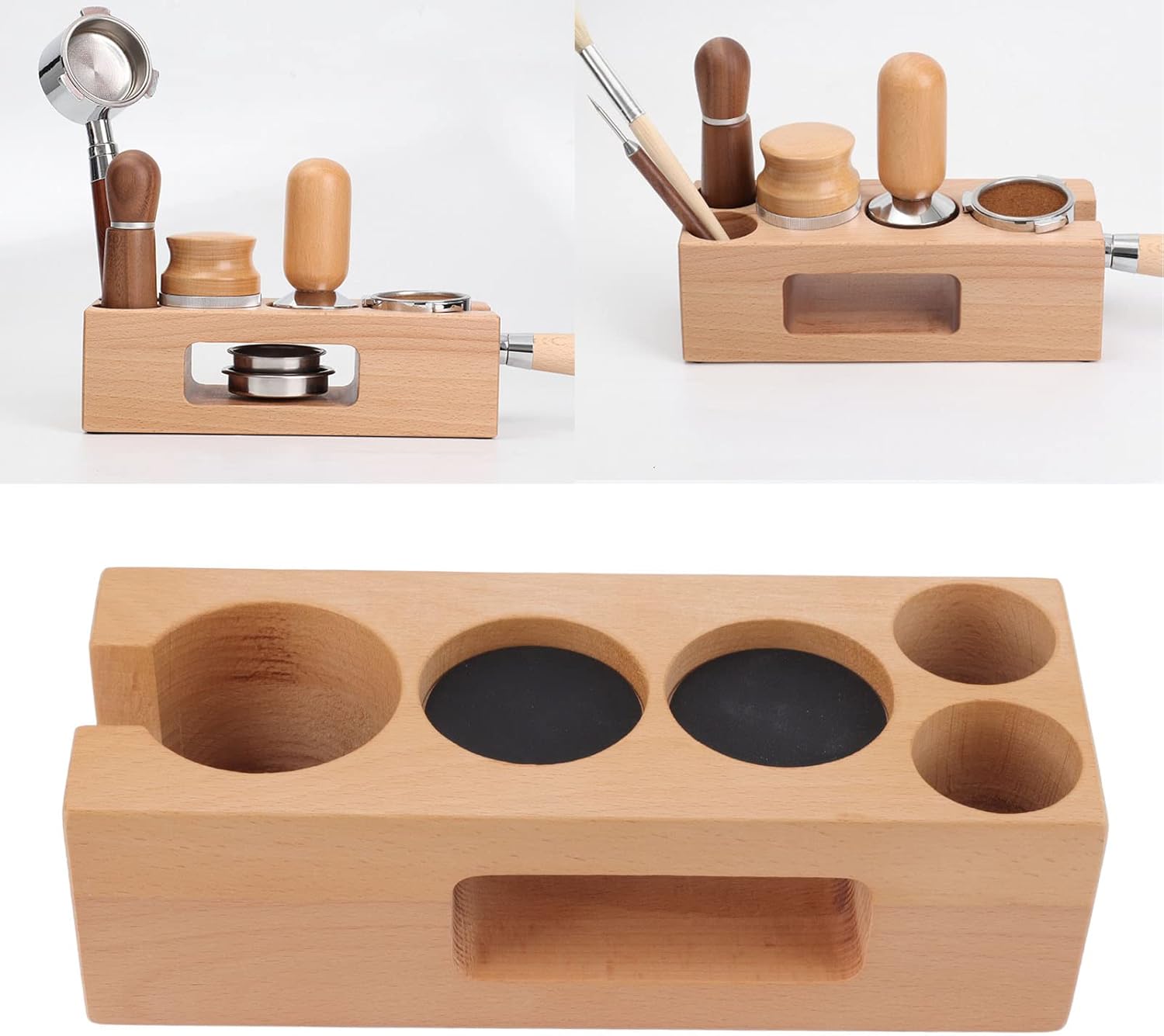 Tamping Station, Tamper Station, Wooden Coffee Portafilter Holder, 5 Hole, With Mat, for Cafes, Home, Kitchens