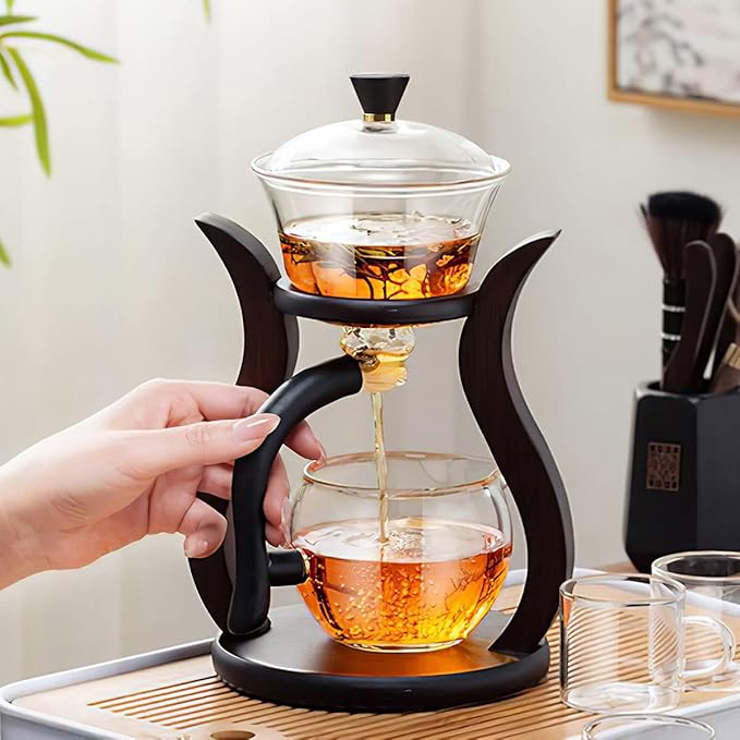 Lazy Kungfu Drip TeaPot, Heat Resistant Tea Set, Semi-Automatic Glass Teapot Suit for Magnetic Water Flow Wooden Glass Teapot Set