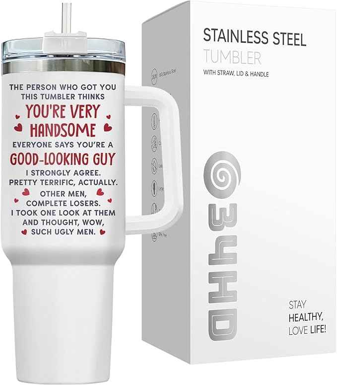 34HD Funny Handsome Guy Tumbler 40oz with Handle Lid and Straw, Mr President Parody Stainless Steel Cup, Novelty Gift for Men, Birthday Father's Day Insulated Travel Mug for Husband Boyfriend & Dad