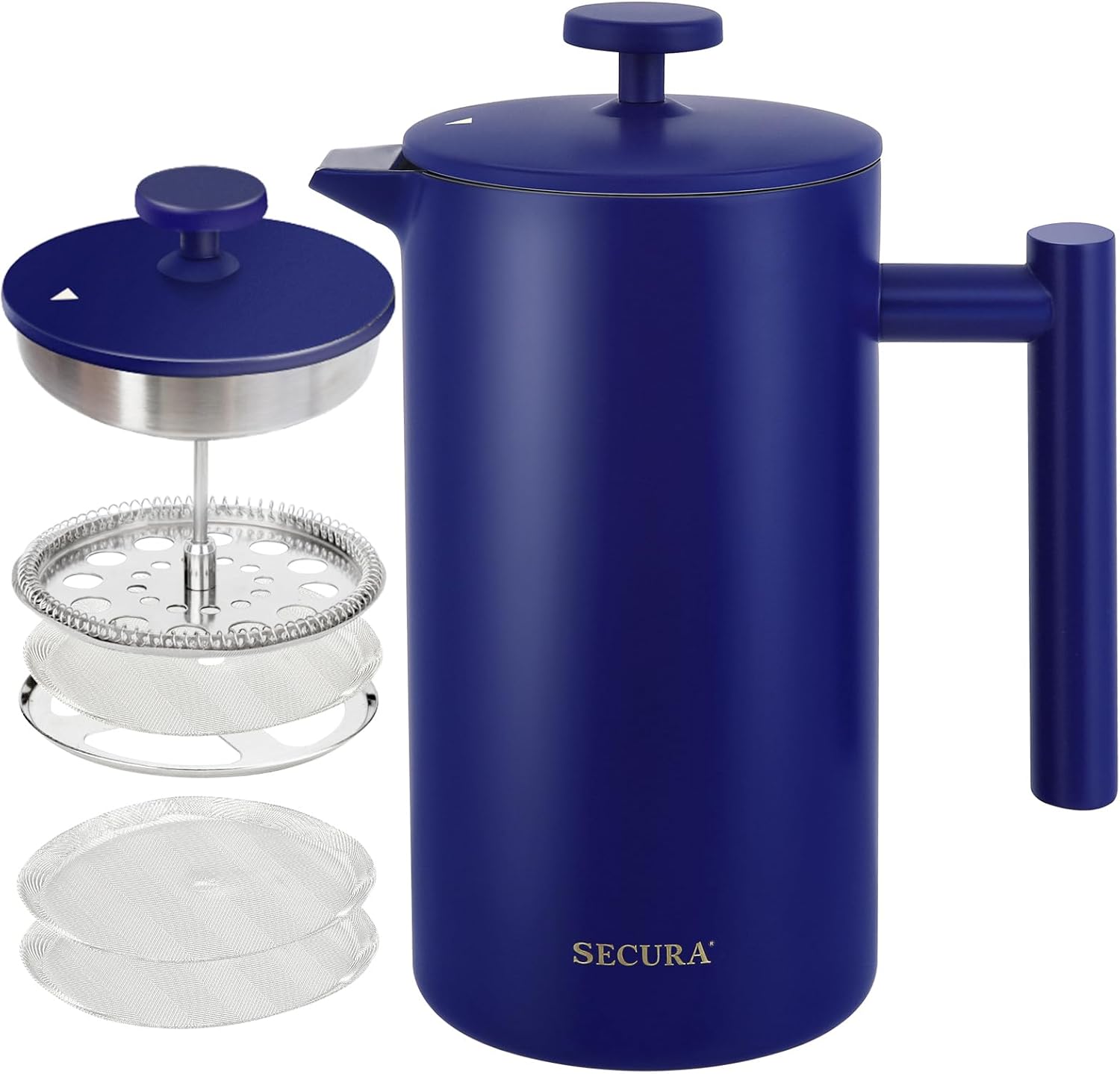Secura French Press Coffee Maker, Double-Wall 304 Grade Stainless Steel Coffee Press with 2 Extra Screens, 34oz (1L), Blue - Blissbrew