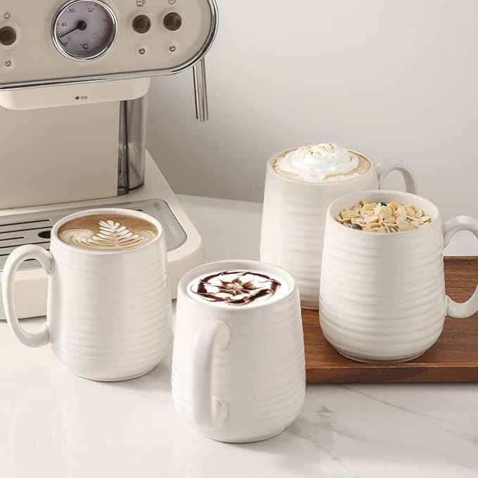 Hasense Coffee Mugs Set of 4, 15 Ounce Porcelain Latte Mug Set with Handle for Morning Coffee Tea and Cocoa, Ceramic Coffee Cups with Unqiue Glaze for Men, Women, Plain