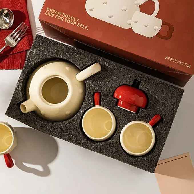 Apple-themed Modern Tea Set, 1 Teapot (28.7oz), 4 Teacups and 1 Tea Tray, Porcelain Tea Set for Adults, Cute Tea Set for Women Tea Party, Gift Package