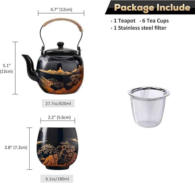 Gift Set Japanese Tea Set, Asian Black Glazed Ceramic Tea Set - Contains 1 Teapot, 1 Tea Strainer and 6 Teacups. Ideal for Home, Outdoor, Office (Black1)