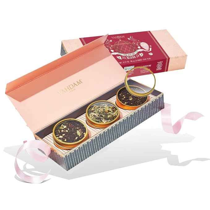 VAHDAM, BLUSH - Assorted Tea Gift Set, 3 Premium Teas in Tin Caddy Presentation Box | Loose Leaf Teas | Gift for everyone