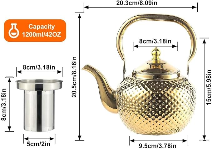 SANQIAHOME 1200ml Teapot with Infuser Stainless Steel Lifting Handle Tea Maker Gold