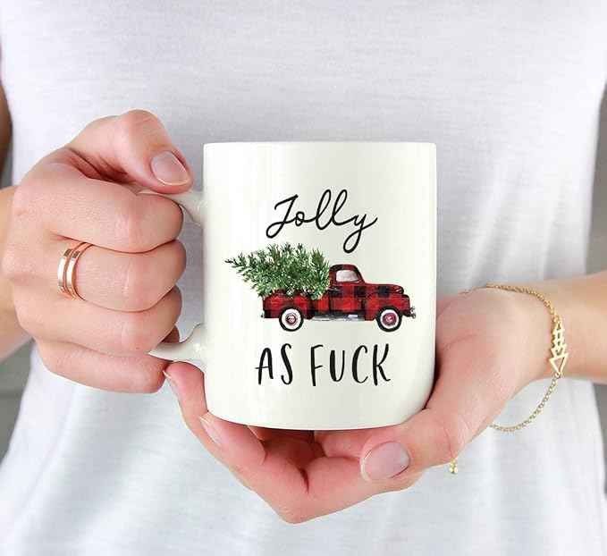 Andaz Press Christmas Winter Holiday 11oz. Coffee Mug, Jolly As Fuck, Vintage Red Truck, 1-Pack, Cozy Christmas Hot Chocolate Cup Ideas for Him Her Coworker…