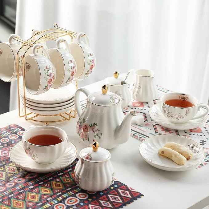 Porcelain Tea Sets British Royal Series, 8 OZ Cups & Saucer Service for 6, with Teapot Sugar Bowl Cream Pitcher Teaspoons and Tea Strainer, Suitable for High Tea, Wedding, Party（Rose Flower）