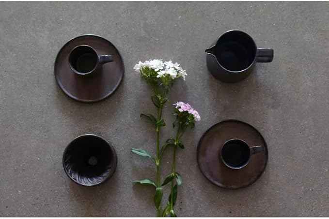 Handmade Stoneware Pour Over Drip Coffee Maker & Cups Set, Coffee Brewer Dripper Cone Filter, Coffee Decanter & Espresso Cups & Saucers Gift Set, Annular Veins Retro Metallic Glazed,16oz