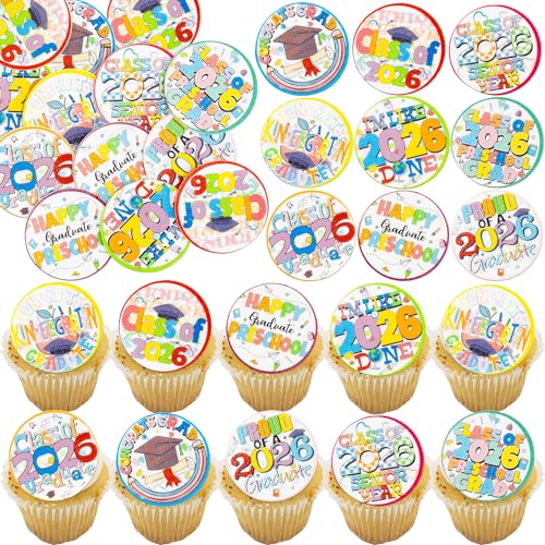 48Pcs Edible 2026 Kindergarten Graduation Cupcake Toppers Wafer Paper Preschool Cake Decorations Picks for 2026 Kindergarten Grad Theme Party Cake Decor Supplies Multi Color (48 Count)