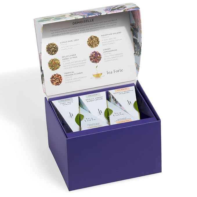 Tea Forte Demoiselle 3-Piece Premium Tea Gift Set with Indigo Cafe Cup and Lid, Tea Tray and 10 Count Mini Presentation Box, 2 of Each Blend Handcrafted Pyramid Infuser Tea Bags