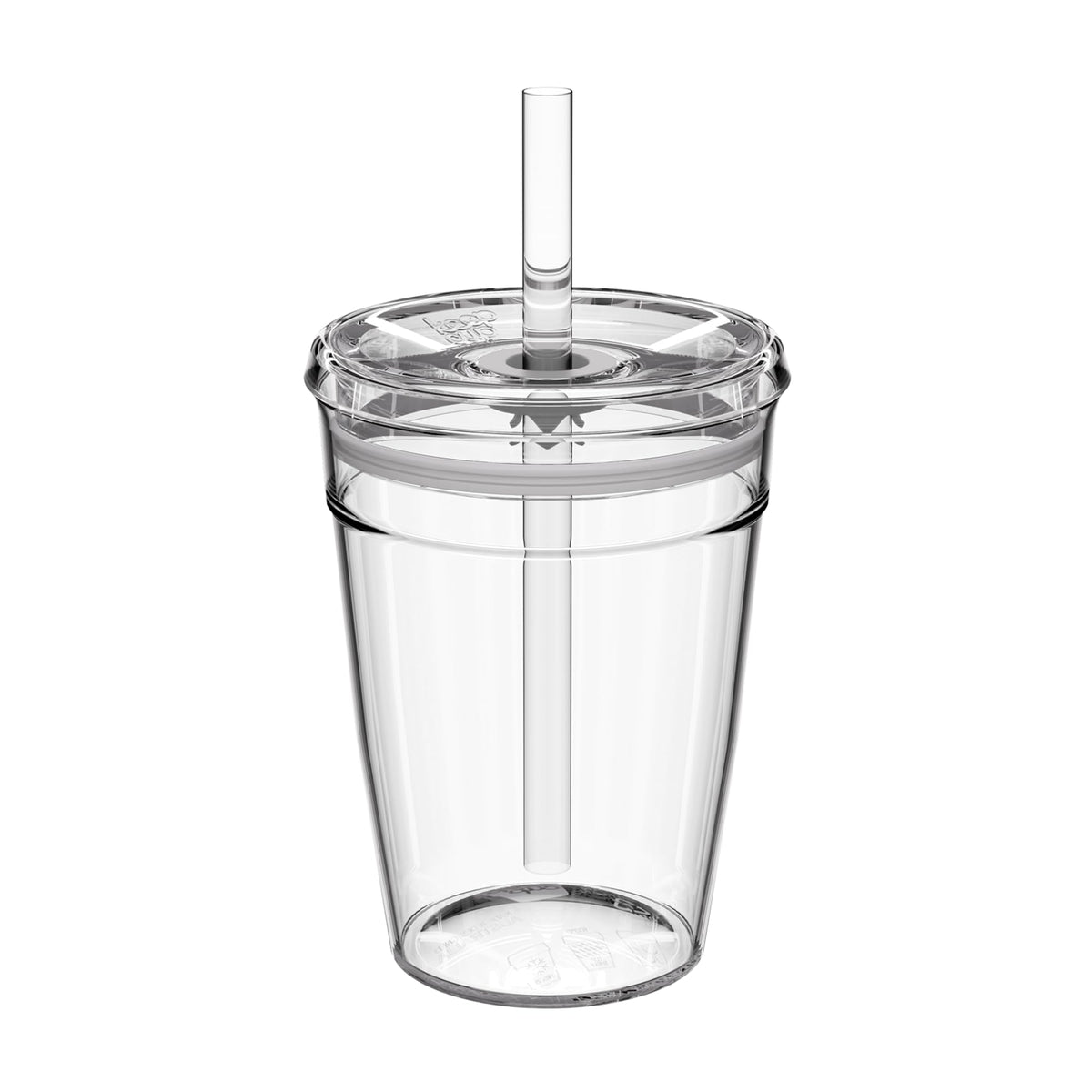 Clear plastic iced coffee tumbler with lid and straw