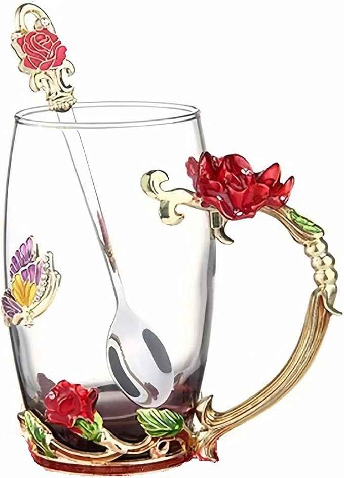 Tea Cup Gifts for Mom Women Mothers Day Glass Coffee Enamels Mug Birthday Butterfly Rose Gifts for Her Valentines Day Christmas Tea Cup with Spoon