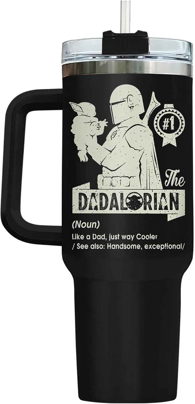 34HD Dadalorian Dad Tumbler 40oz with Handle Lid and Straw, Funny Daddy Galactic Nutrition Facts Gift, Black Stainless Steel Insulated Cup for Men, Space Theme Father’s Day Birthday Present