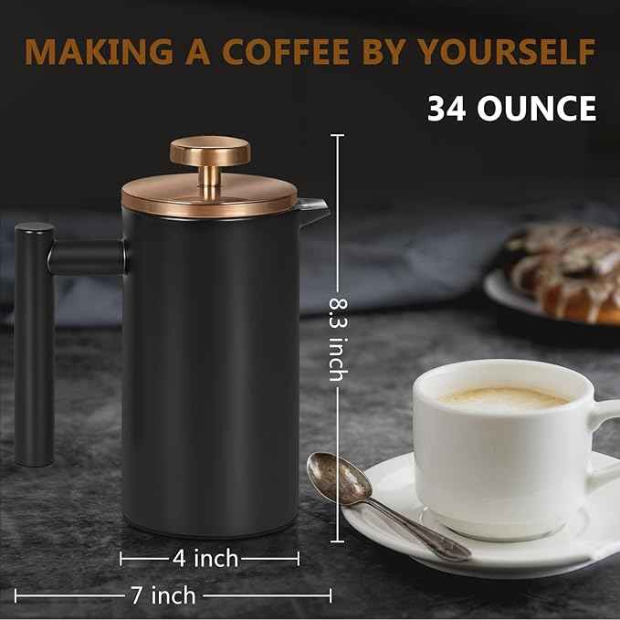 Black Stainless Steel French Press Coffee Maker, Double Wall Insulated French Press,for Coffee&Tea,with 3 Extra Screens and a Coffee Spoon,34oz/1000ml,Gold