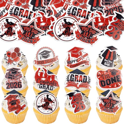 48Pcs Edible Graduation Cap 2026 Cupcake Toppers Wafer Paper Grad Cap Diploma Cake Decoration Picks for 2026 Grad Theme Party Cake Decor Supplies Black Red (48 Count)