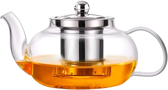 Baalaka Glass Teapot Stovetop 20 OZ/600ml, Tea pot with Removable 18/8 Stainless Steel Infuser, Borosilicate Clear Tea Kettle, Teapot Blooming and Loose Leaf Tea Maker Tea Brewer for Camping, Travel