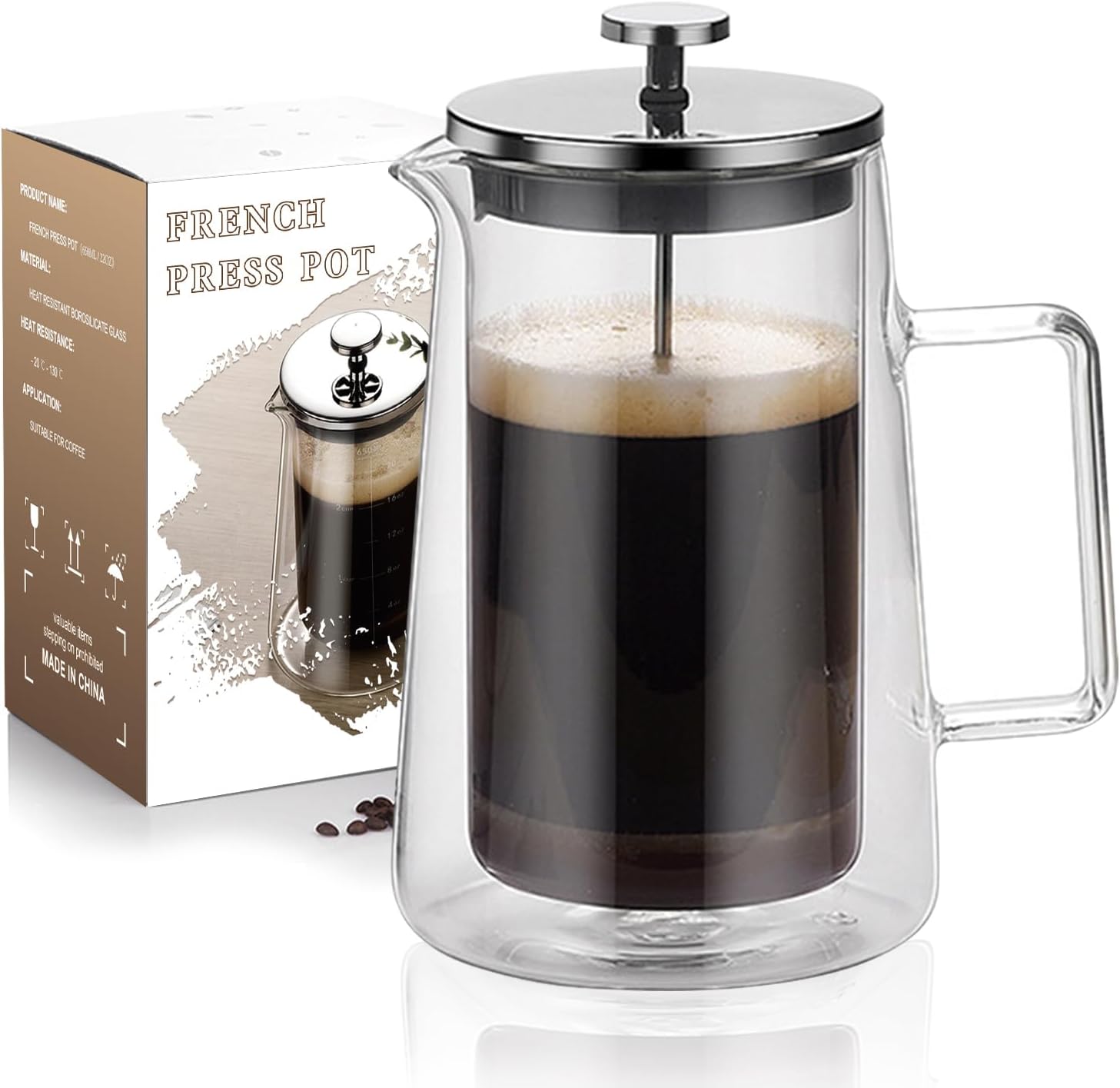 French Press Coffee Maker 22Oz - Double-Wall Insulated Borosilicate Glass - Ergonomic Handle - Coffee Gift - Tea & Coffee Press - Blissbrew